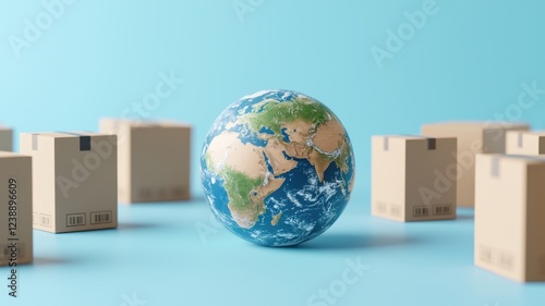 E-commerce solutions and Sustainability in business. Global shipping concept with a globe surrounded by cardboard boxes on a blue background. photo