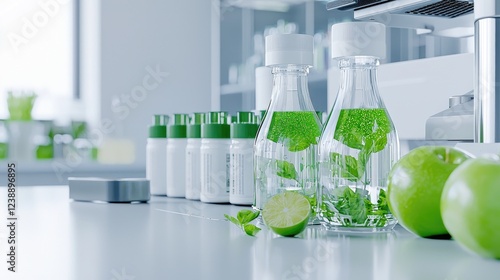 Lab Environment With Green Solutions And Fresh Fruits photo