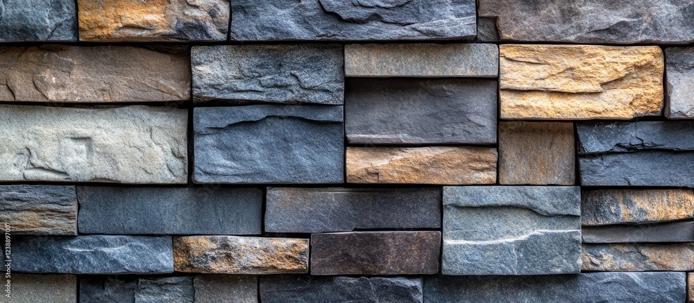 Closeup of textured stone brick wall with mixed colors in rectangular pattern Closeup of textured stone brick wall with mixed colors in rectangular pattern