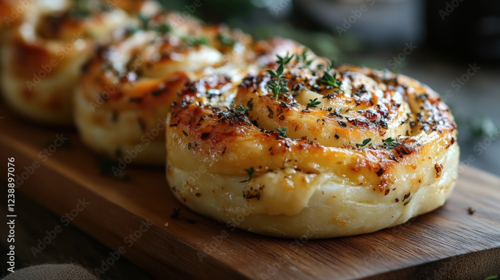 Savory pastry rolls with cheese and herbs on wooden board close-up. Savory pastry rolls with cheese and herbs on wooden board close-up.