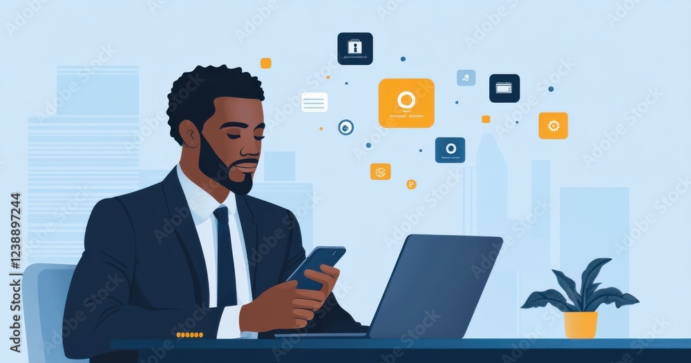 Businessman Using Technology for Digital Communication and Networking at Workplace Businessman Using Technology for Digital Communication and Networking at Workplace