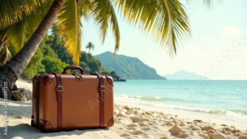 Vintage suitcase on the sandy beach with tropical palm trees and blue ocean in the background photo