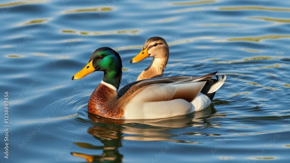 Mallard ducks swimming peacefully in a serene lake during a sunny afternoon Mallard ducks swimming peacefully in a serene lake during a sunny afternoon