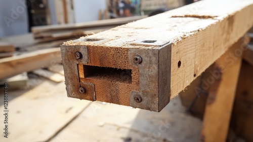 Wooden beam with metal reinforced joint on construction site with blurred background photo