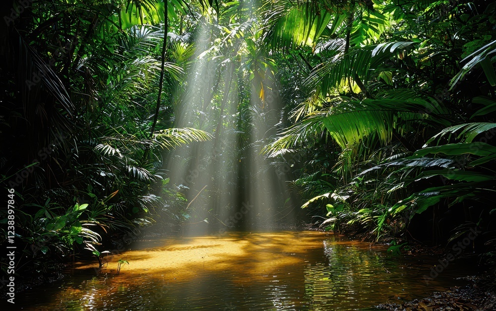 Obraz premium A dense tropical forest with swarms of mosquitoes hovering above a shallow pond, illuminated by golden sunlight filtering through the trees. The serene natural beauty contrasts with the lurking 