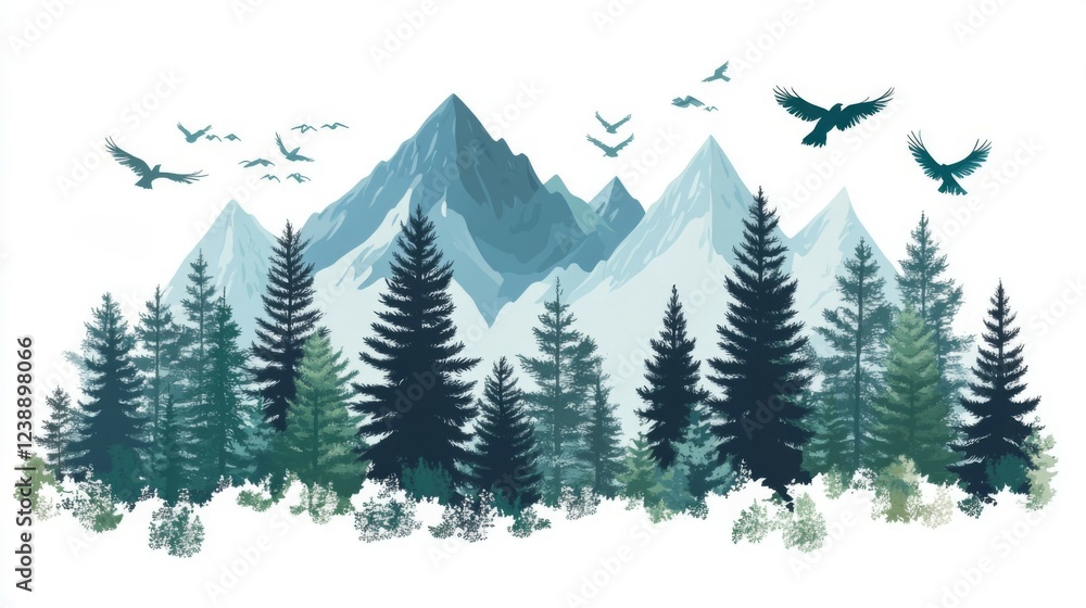 Fototapeta premium Majestic Blue Mountains Winter Landscape with Birds