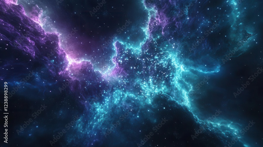 Fototapeta premium interconnected digital nodes forming a luminescent global network, geometric patterns in deep space, glowing data streams in cyan and purple