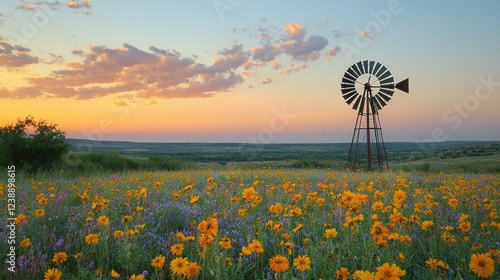 Golden wildflowers dominate the foreground as a classic windmill stands tall against a breathtaking sunset. The sky is a canvas of orange and pink hues, perfectly capturing the tranquility of nature