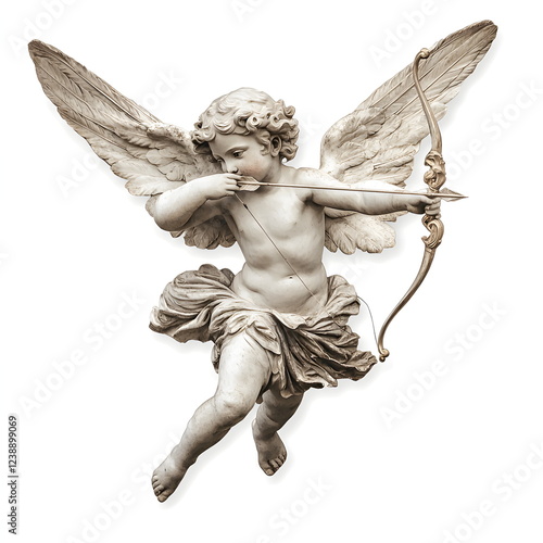 Ancient marble statue of a little cupid doll with wings, shooting a bow. Isolated on white background for cutting png. For stickers on Valentine's Day, for the holiday on February 14.