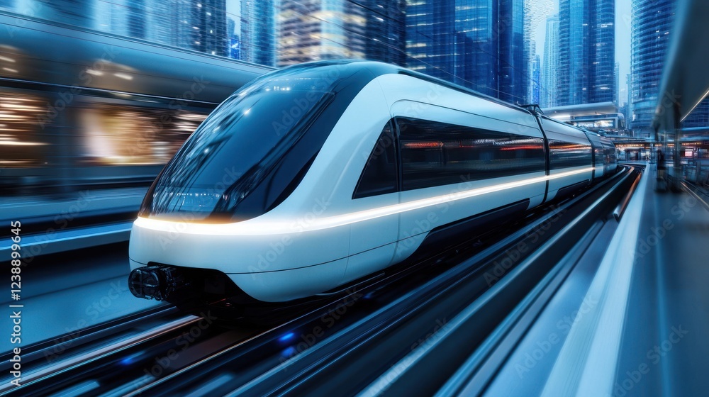 Modern High Speed Train Through Cityscape Modern High Speed Train Through Cityscape