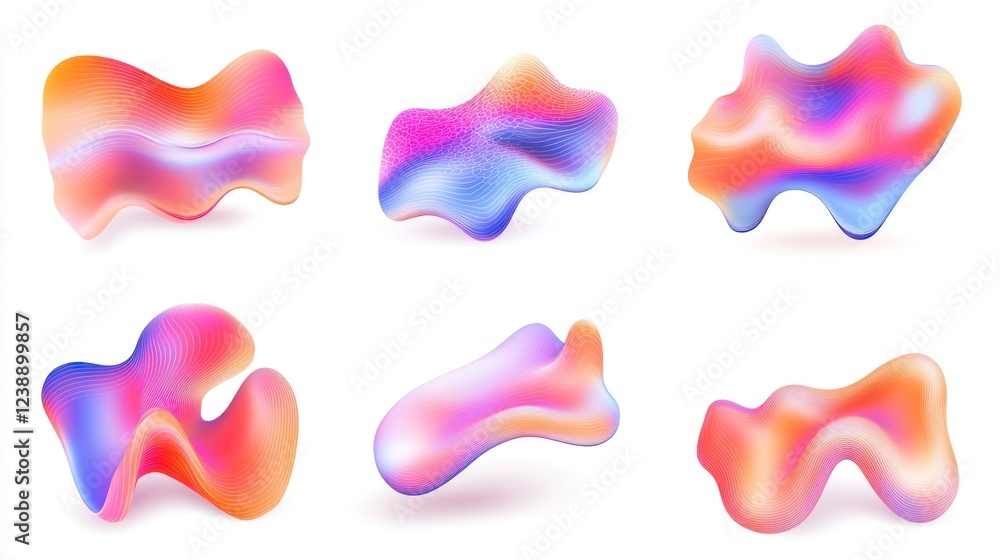 Six vibrant, abstract, iridescent blobs isolated on white. Six vibrant, abstract, iridescent blobs isolated on white.