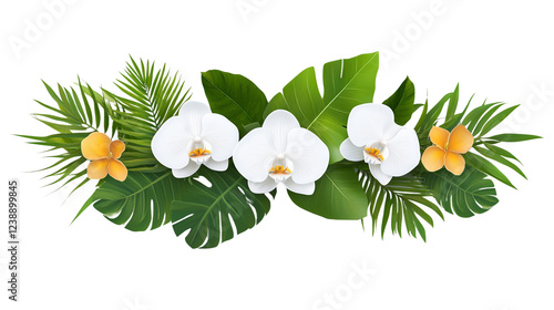 Vibrant arrangement of orchids and tropical leaves. photo