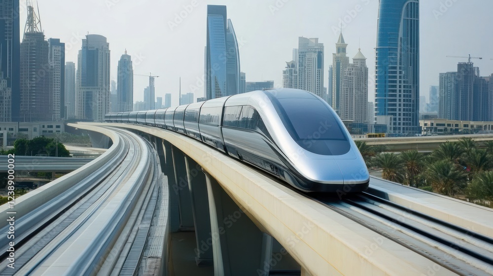 Naklejka premium Modern High Speed Train Traveling Through Cityscape