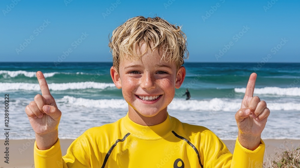 Boy smiles, points up, beach, ocean waves