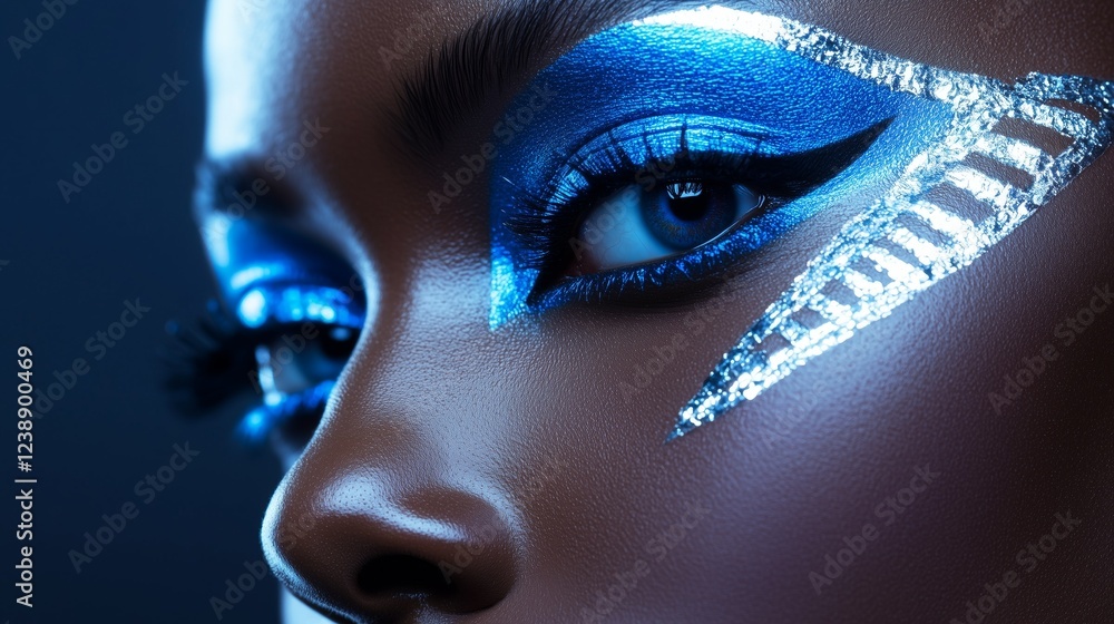 Fototapeta premium Close-up of a model's eye showcasing bold metallic blue makeup with intricate designs for a dramatic and artistic look.