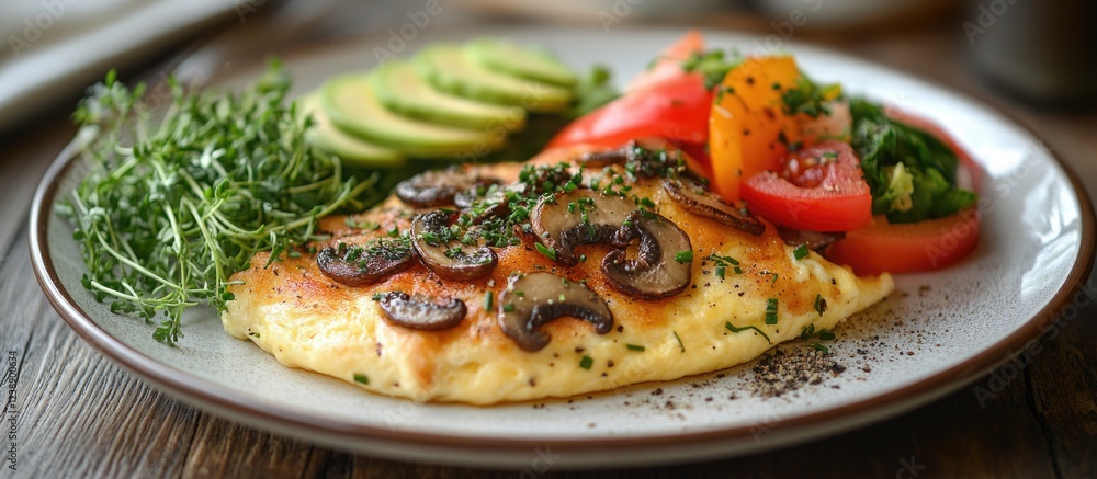 Mushroom omelette with avocado slices and tomato salad on a plate Mushroom omelette with avocado slices and tomato salad on a plate