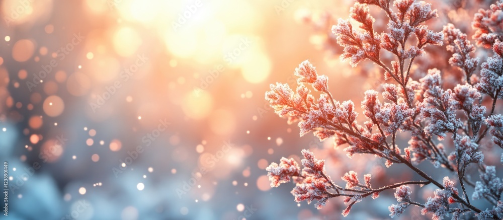 Naklejka premium Frost-covered branches with warm sunlight in winter scene with bokeh effect