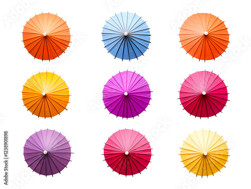 Nine colorful traditional Japanese umbrellas arranged in a symmetrical pattern on a transparent background, showcasing a vibrant display of culture and tradition