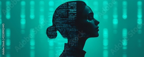 Mobile chatbot enhances customer support. Silhouette of a woman with digital binary code overlay in a glowing green background. photo