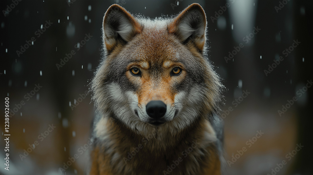 Wild gray wolf staring intensely in the forest as snow falls around Wild gray wolf staring intensely in the forest as snow falls around