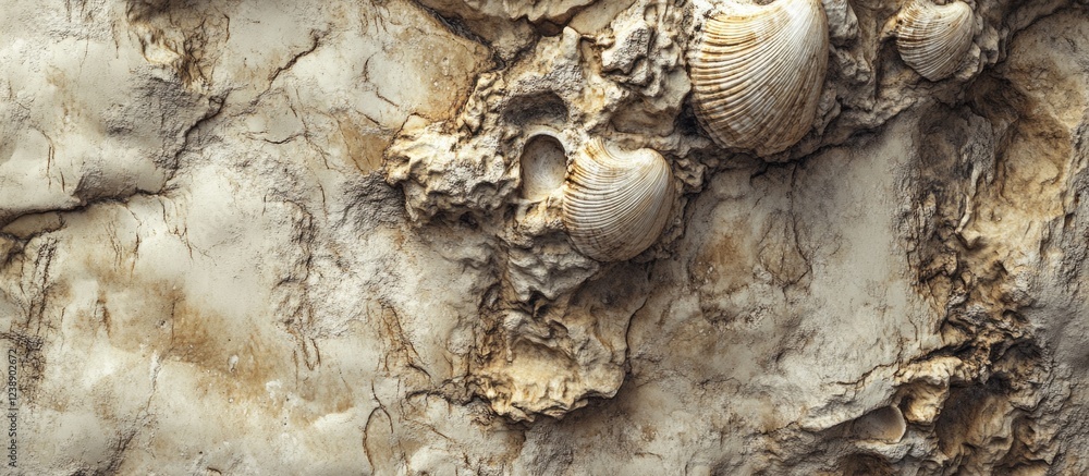 Fossilized shells and textures embedded in rock surface detailed view Fossilized shells and textures embedded in rock surface detailed view
