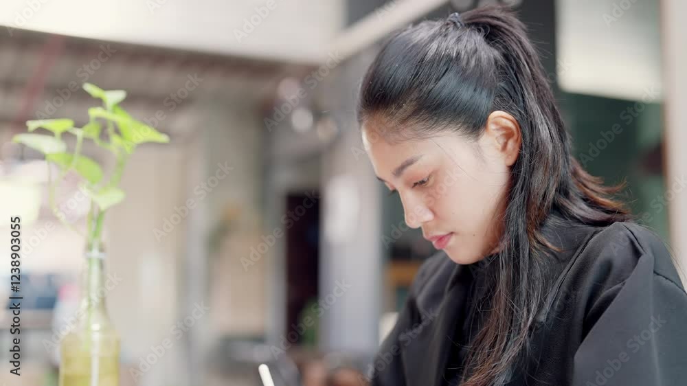 A woman is sitting at a table with a bottle of water and a pen. She is writing something down A woman is sitting at a table with a bottle of water and a pen. She is writing something down