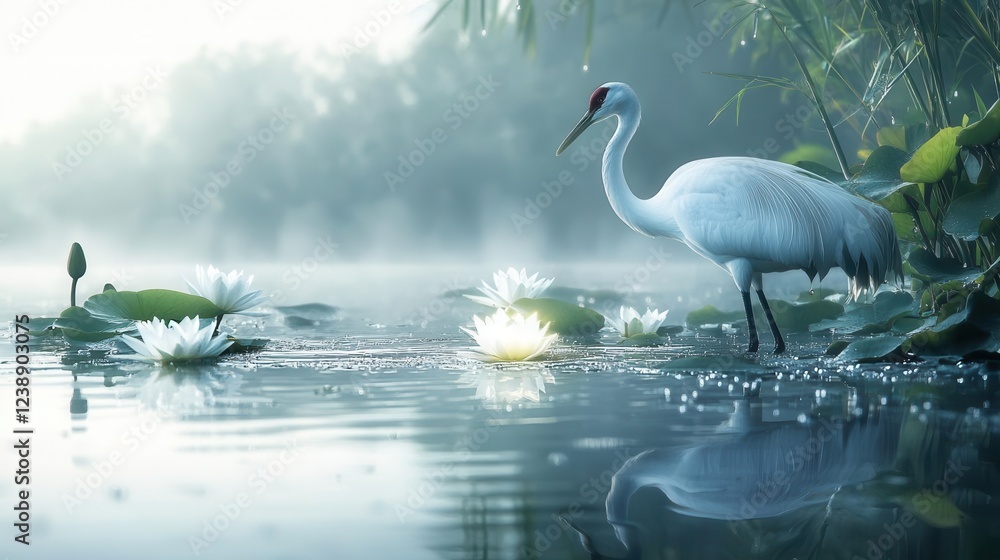 Fototapeta premium majestic white crane wading through misty morning waters, reflecting in crystal-clear lake while protecting a luminous pearl-like egg, surrounded by dewdrops and water lilies