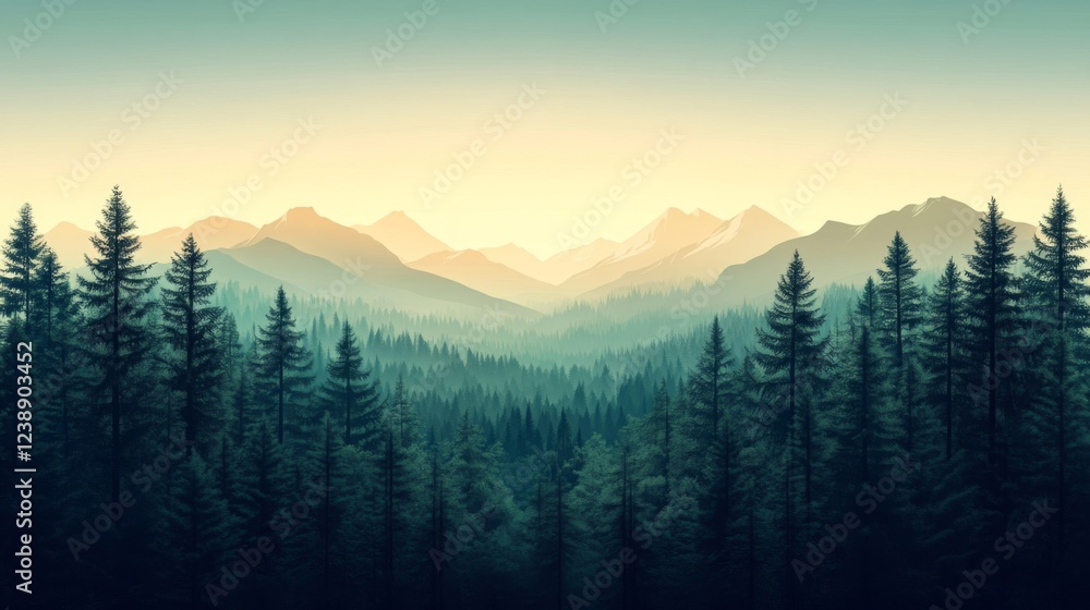 Obraz premium Serene Mountain Forest Landscape at Sunrise