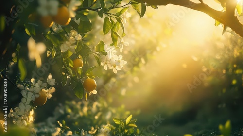 Fototapeta Naklejka Na Ścianę i Meble -  mediterranean sunlit garden with ripe citrus fruits and blossoming branches, soft bokeh, ethereal morning light