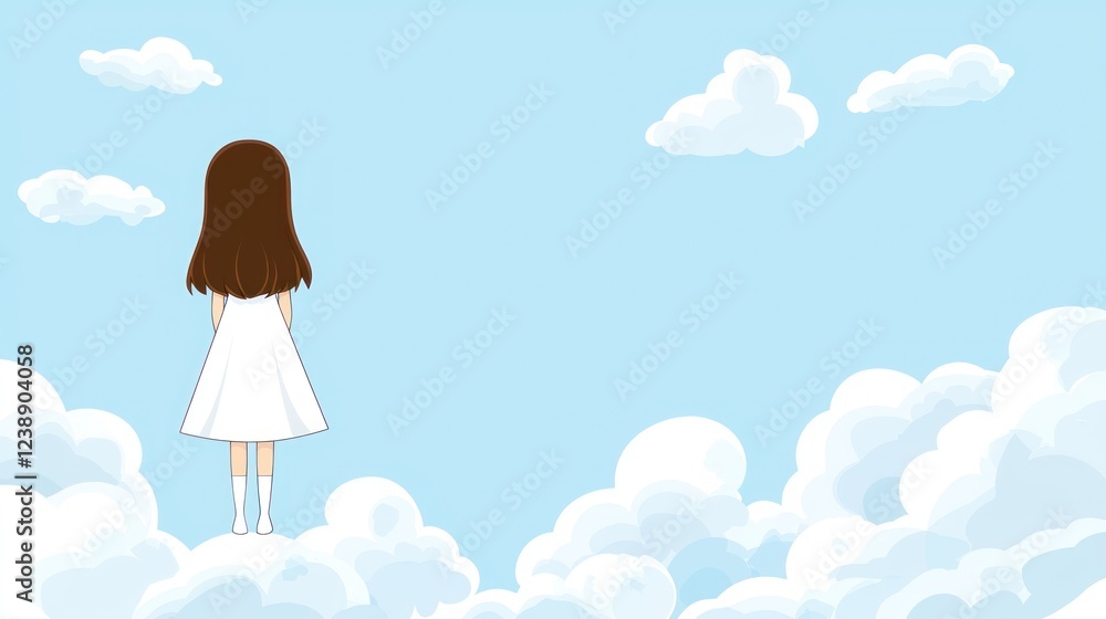 Girl in white dress on clouds, looking at sky, peaceful background, ideal for children's book illustration Girl in white dress on clouds, looking at sky, peaceful background, ideal for children's book illustration