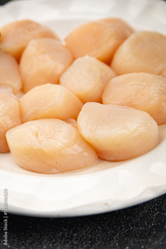 Sea scallop raw seafood fresh tasty food dish gourmet food background on the table rustic food top view copy space food pescetarian diet Sea scallop raw seafood fresh tasty food dish gourmet food background on the table rustic food top view copy space food pescetarian diet