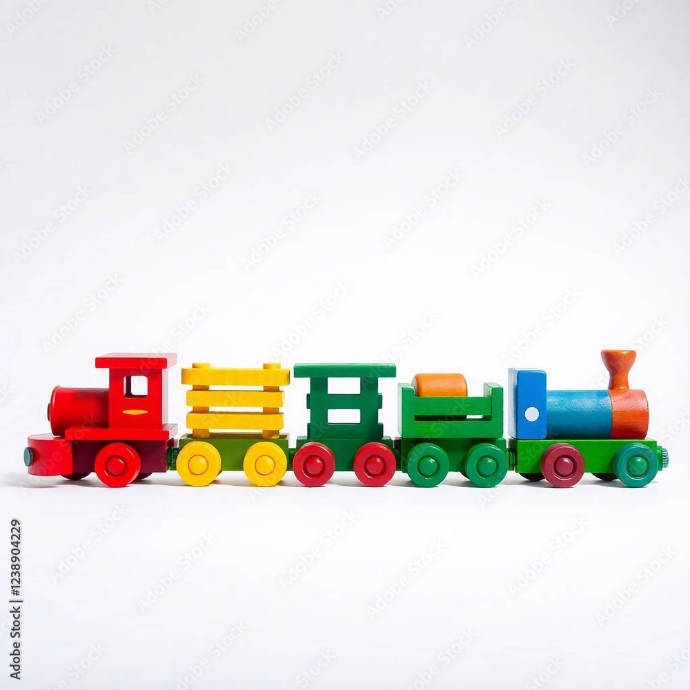 Naklejka premium a colorful wooden toy train with detachable primary-colored cars, set against a pure white background.