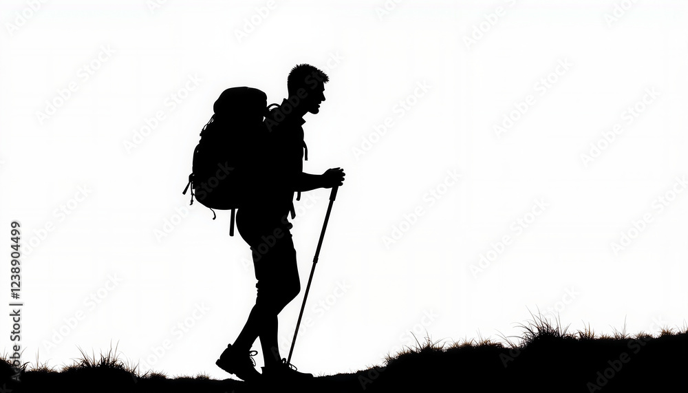 Fototapeta premium Hiking silhouette of a man with backpack against white background, adventure