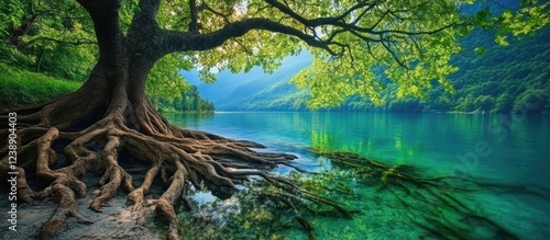 Tree with Exposed Roots on Water's Edge by a Tranquil Lake