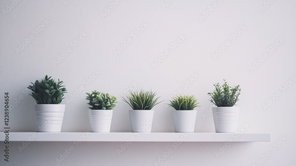 Fototapeta premium Minimalist white shelf with five green potted plants against plain wall