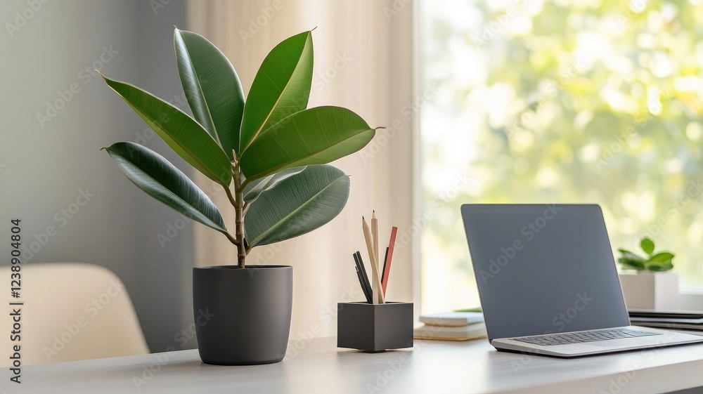 Modern workspace with laptop, potted plants, pencils on white desk by window Modern workspace with laptop, potted plants, pencils on white desk by window