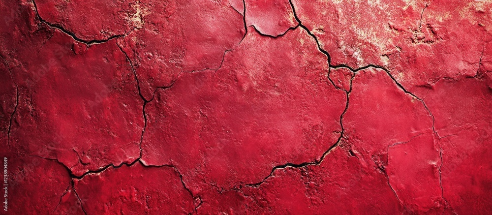 Obraz premium Red cracked textured wall surface with weathered paint and visible fractures for background or design elements