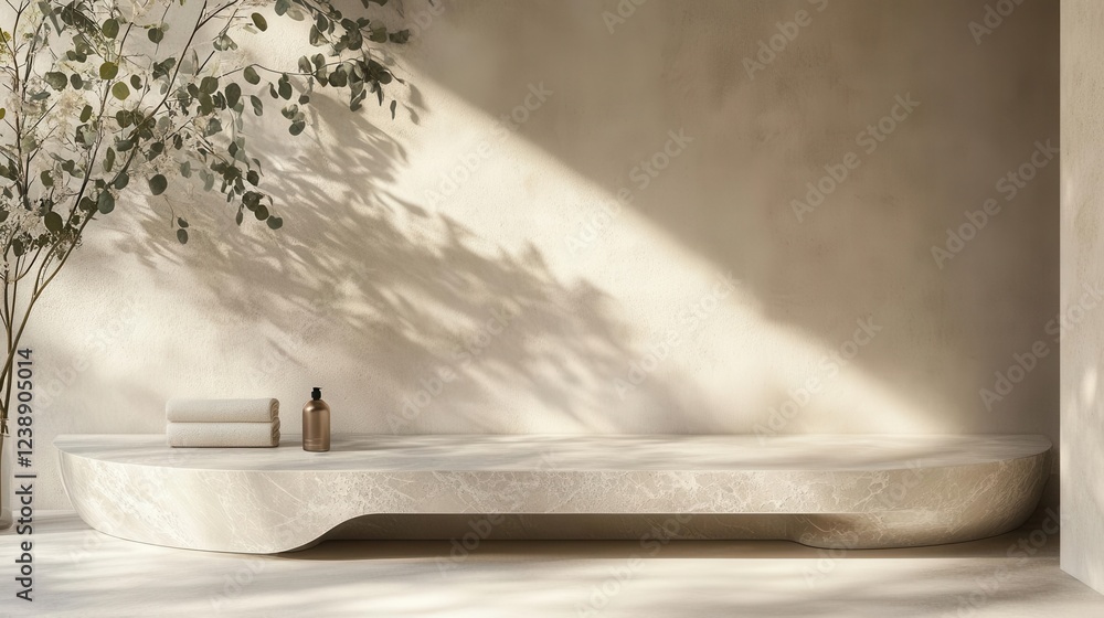 minimalist curved marble platform floating in soft beige space, gentle eucalyptus shadows dancing across surface, ethereal morning light, premium product display minimalist curved marble platform floating in soft beige space, gentle eucalyptus shadows dancing across surface, ethereal morning light, premium product display