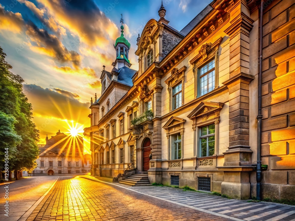 Fototapeta premium Golden Hour Summer Solstice: Warm Sunlight on Architectural Facade