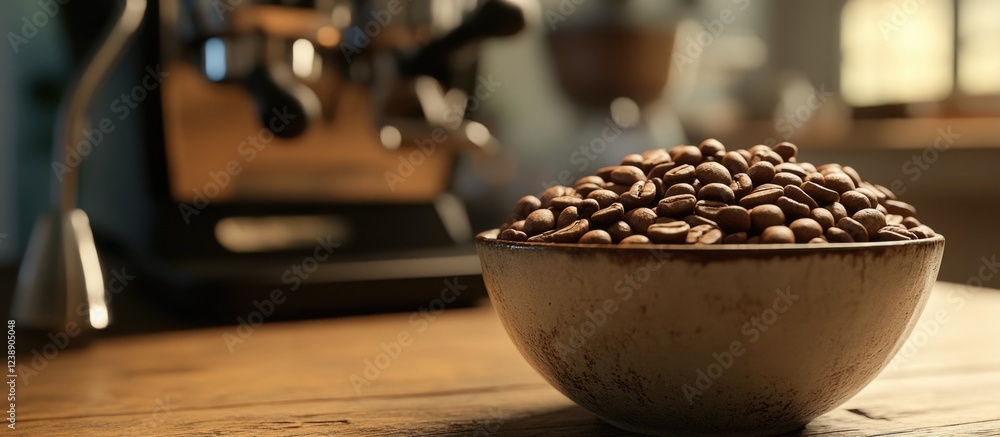 Bowl of coffee beans on wooden table with espresso machine in background in warm lighting effect Bowl of coffee beans on wooden table with espresso machine in background in warm lighting effect