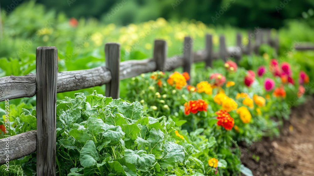 Obraz premium vibrant vegetable garden with wooden fence and colorful flowers