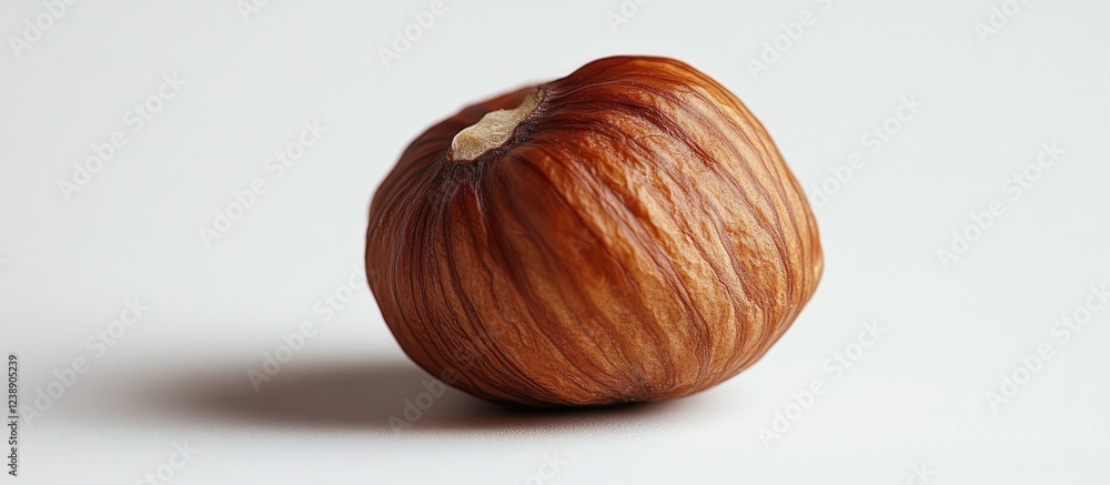 Close-up of a single hazelnut on a white background with shadow and copy space Close-up of a single hazelnut on a white background with shadow and copy space
