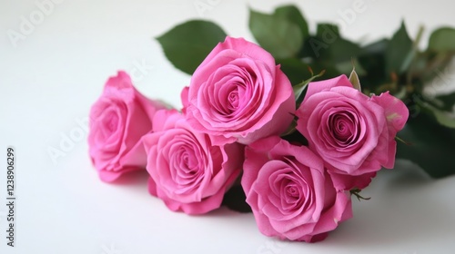 Pink roses arranged against a white background with green leaves.
