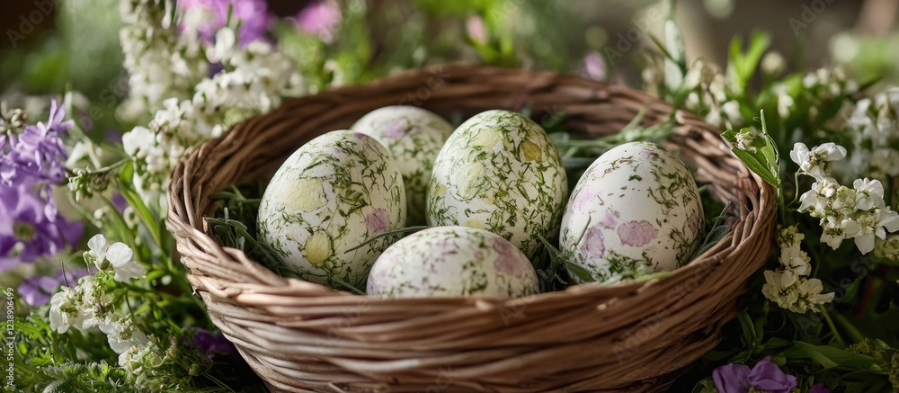 Fototapeta premium Decorative Easter Eggs in Wicker Basket Surrounded by Spring Flowers