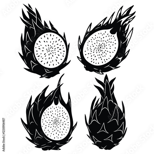  Set of dragon fruit vector silhouettes with white background