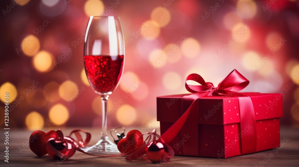 Red gift box with ribbon, decorative heart and glass of champagne celebrating valentine's day with romantic bokeh background Red gift box with ribbon, decorative heart and glass of champagne celebrating valentine's day with romantic bokeh background