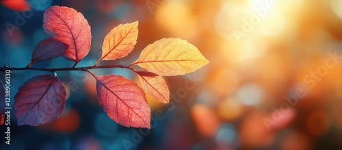 Autumn Leaves on Branch with Sunlight and Bokeh Background
