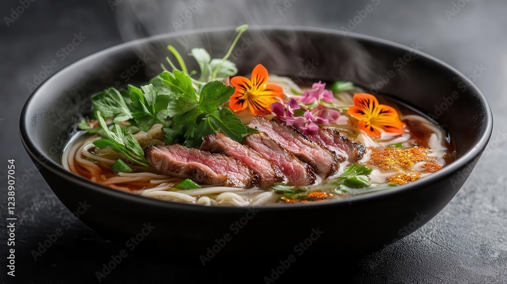 modern fusion pho soup with seared wagyu beef, fresh herbs, rice noodles, and edible flowers in matte black ceramic bowl, steam rising, styled on dark slate modern fusion pho soup with seared wagyu beef, fresh herbs, rice noodles, and edible flowers in matte black ceramic bowl, steam rising, styled on dark slate
