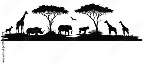 African Savanna Animals Silhouettes with white background