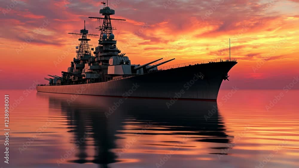 Battleship anchored at sunset reflecting on calm waters with dramatic sky colors Battleship anchored at sunset reflecting on calm waters with dramatic sky colors